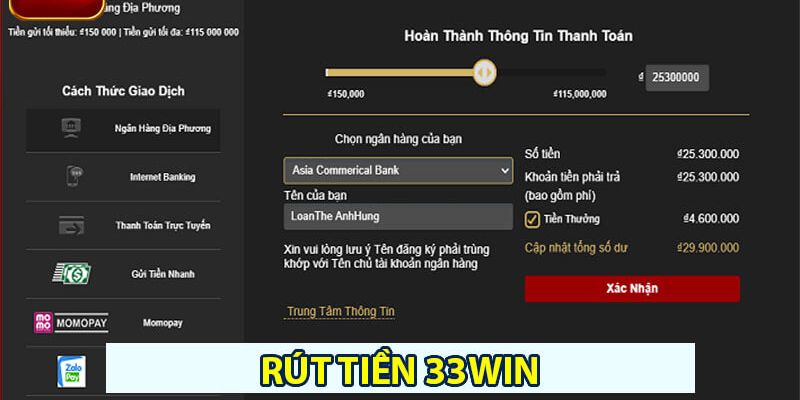 Hướng dẫn nạp & rút tiền tại nhà cái 33WIN